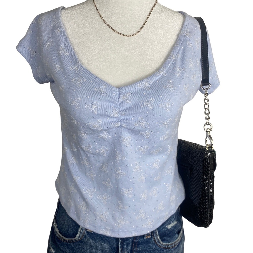 Teddy Bear‎ Print Baby Blue Crop Top Womens Medium